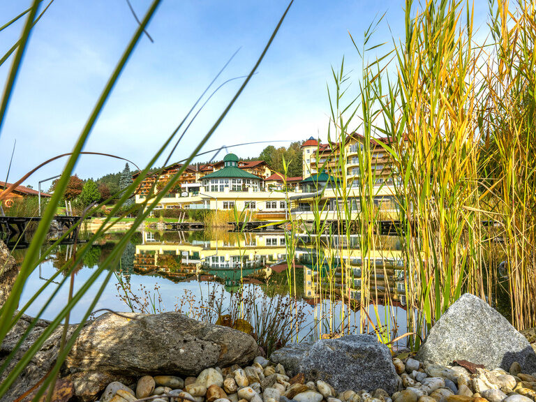 Idyllischer Naturbadesee im Wellness & SPA Resort Mooshof in Bodenmais, umgeben von der Natur des Bayerischen Waldes.